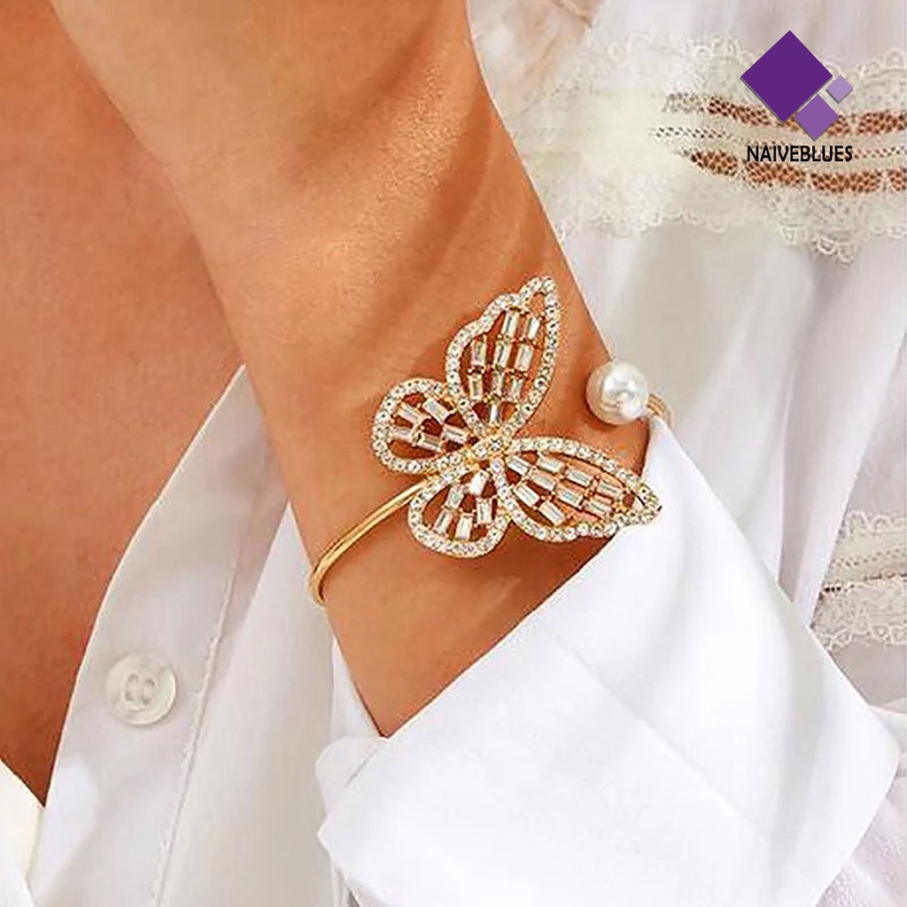 &lt; Naiveblues &gt; Bangle Stylish All-match Fleksibel Alloy Pembukaan Dapat Disesuaikan Kupu-Kupu Gelang Pesta