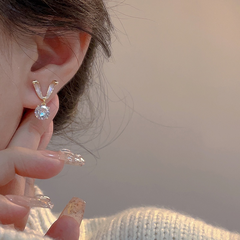 Anting Zirkon Kelinci Manis Berkilau Bling Menjuntai Pendant Ear Studs Untuk Gadis Manis