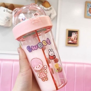 Botol Couple 2 Sisi Kepala Beruang 420ml BPA Free + Sedotan Dan Stiker Lucu / Botol Minum Anak