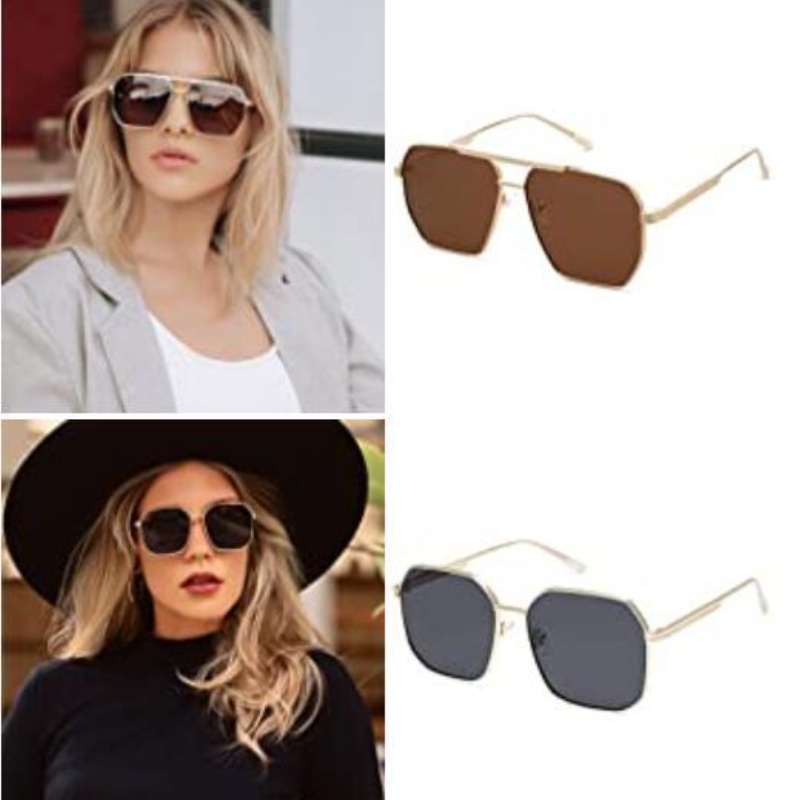 (YUZHU) Western Fashion Metal Double Beam Sunglasses Mode Modern Gaya Retro Square Frame Sunglasses