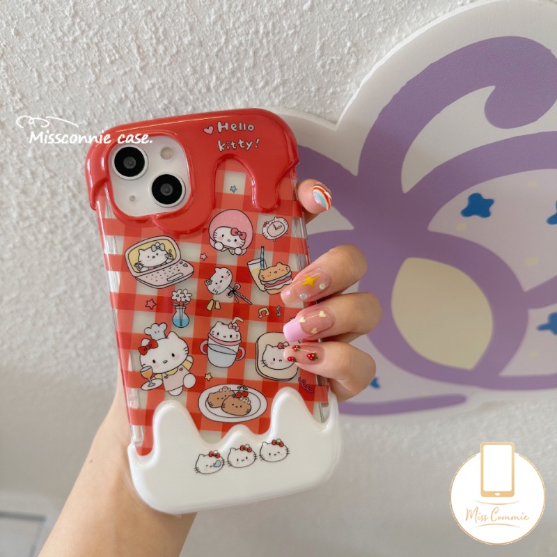 Ins Ice Cream Phone Case Kompatibel Untuk IPhone 7Plus 8Plus 11 14 12 13 Pro Max XR X7 8 Plus XS Max SE 2020 Kartun Indah Kisi Hello Kitty Kucing Shockproof Lembut Tpu Penutup Belakang