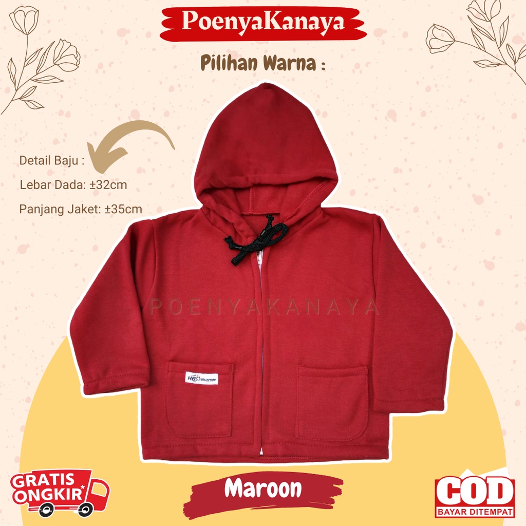 Jaket Bayi Anak fleece SAKU Resleting Kupluk Kepala POLOS HBc Size 6-18 Bulan JK09