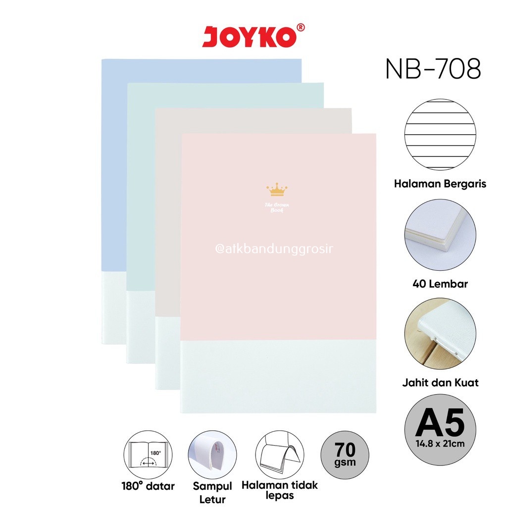 

Notebook A5 Joyko NB-708 Crown Book Buku Tulis Catatan Bergaris Ruled 40 Halaman 70 Gsm Jahit Boleh Request Warna - satuan SHESB