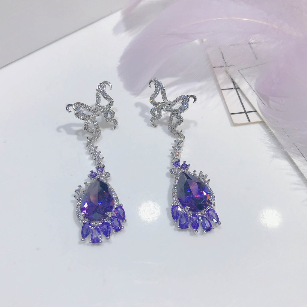 Goldkingdom Fashion Perhiasan Aksesoris Ready Stock Kupu-Kupu Stud Earrings Water Drop Pear Shaped Amethyst Zircon Anting Panjang Wanita