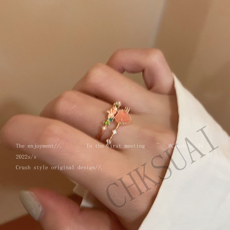 Cincin Bunga Wanita Ganda Hati Zirkon Terbuka Cincin Perempuan Desain Manis Niche Adjustable Ring