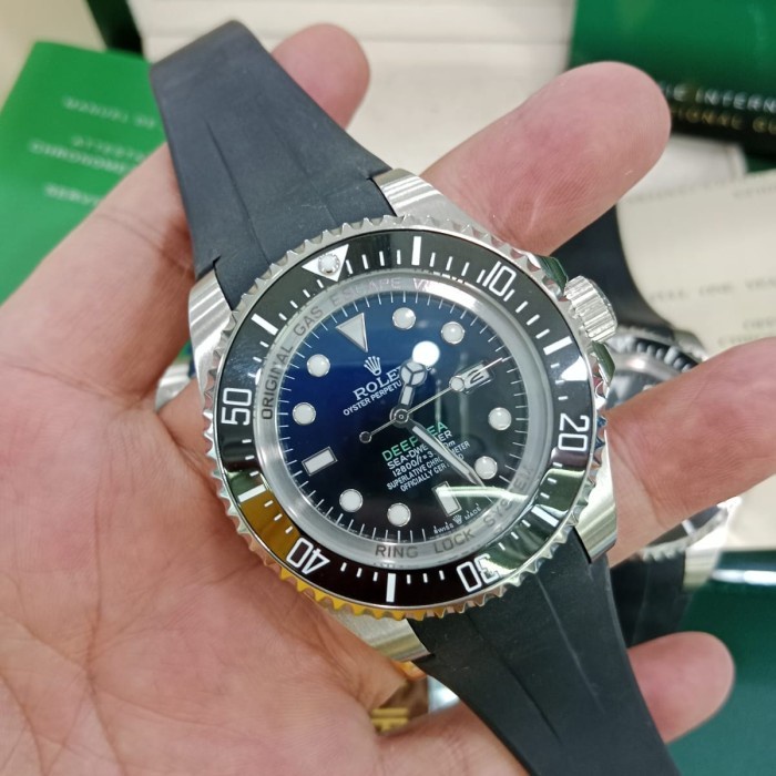 Jam Tangan Pria Rolex Automatic Mewah Strap Rubber Tanggal On - hitam biru