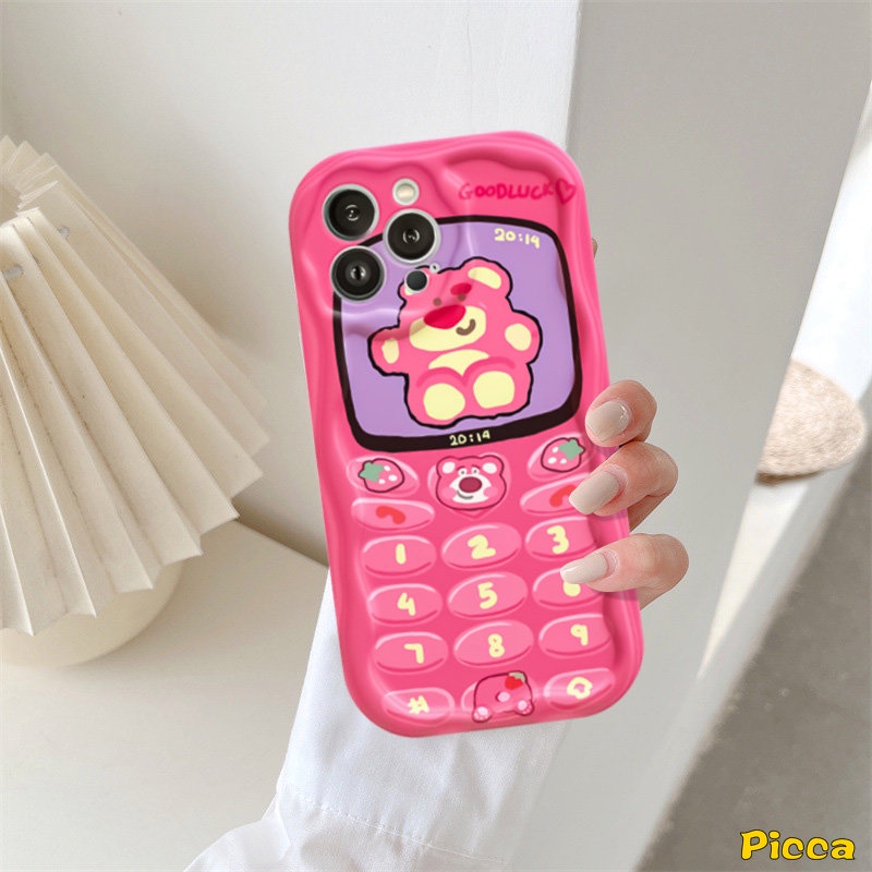 Untuk Redmi A1 A2 10 10C 10A 9A 9T 9 9C NFC Note 10s 11s 11 10 Pro Max Plus 10Pro POCO M3 Pasangan Crocodile Lucu Kartun Strawberry Bear 3D Wavy Curved Edge Creative Phone Button Case