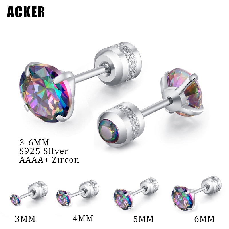 [ACKER] 3-6mm 1pasang 925silver Titanium Stainless Cubic Zirconia Multicolor Berlian AAA+Zircon Stud Earrings Untuk Wanita /Pria