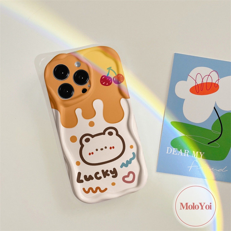 Casing Pasangan Tepi Melengkung Bergelombang 3D Kompatibel Untuk IPhone XR XS X Max8 7 6 6s Plus 11 13 14 12 Pro Max SE 2020 Doodle Lembut Tpu Kartun Cherry Ice Cream Beruang Lucu Rabbit Phone Cover