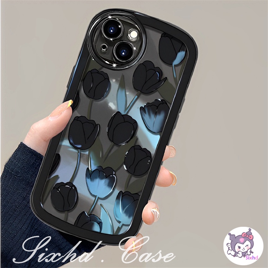 IPHONE Kompatibel Untuk Iphone8 7Plus X Xs Xr Untuk Iphone11 14 13 12 Pro Max SE 2020 Xs Max Fashion Tulip Hitam Silikon Oval Kamera Ponsel Case Soft Cover