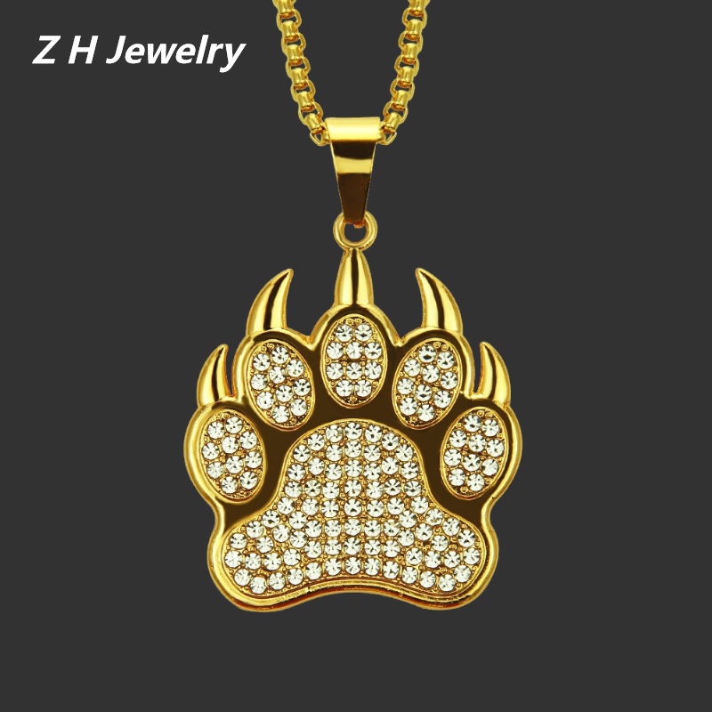 Z H Perhiasan Vintage 18K Emas Beruang Palm Berlian Liontin Fashion Pria Anti Karat Kalung Liontin Hip Hop Pesta Baja Titanium Perhiasan Aksesoris