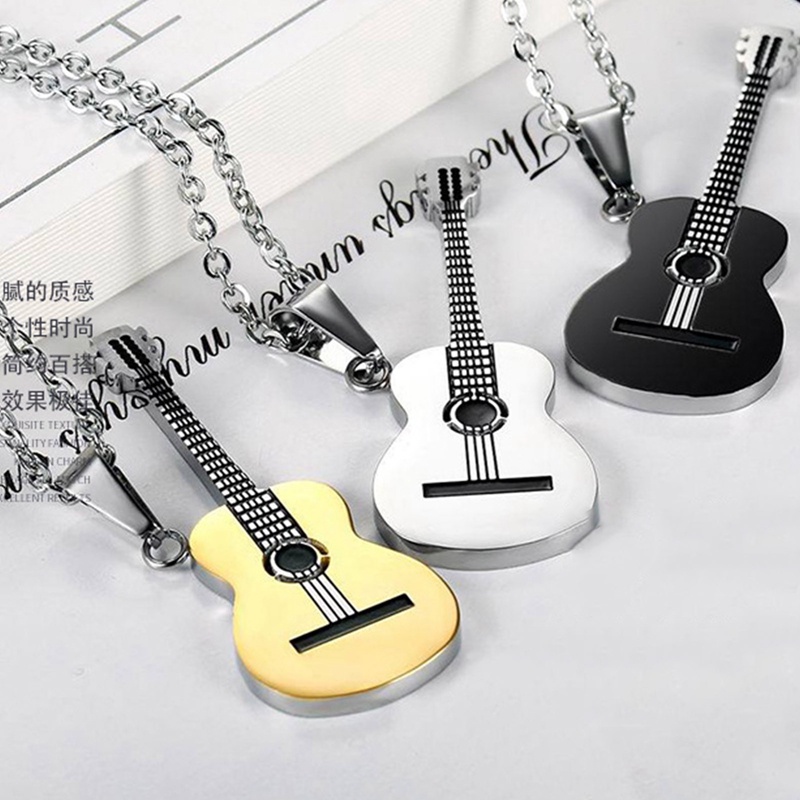 Tidak Luntur Bentuk Gitar Baja Titanium Pria Wanita Kalung Perhiasan Hiphop Rock Slide Musik Elemen Rantai Necklace