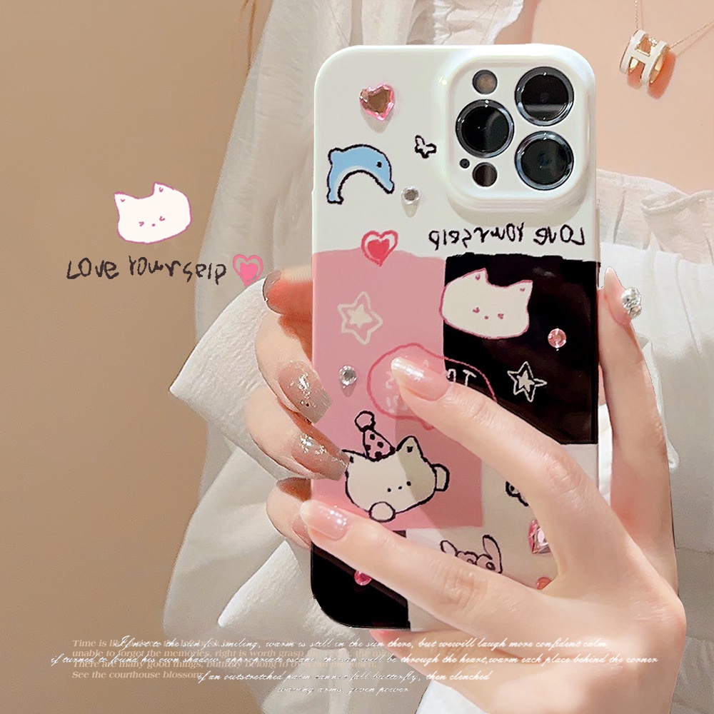 Ins Lucu Lumba Kucing Kartun Dengan Berlian Berwarna Hard Shell Film Fotografi Case Untuk Iphone SE2020 7/8 Plus 14xx XR XM 11 12 13 PRO MAX Casing Cover Pelindung AT0352