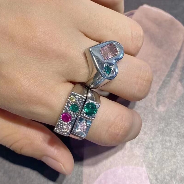 Pink Hijau Zirkon Cinta Pasangan Pembukaan Cincin Aksesoris Kepribadian Fashion Hip Hop