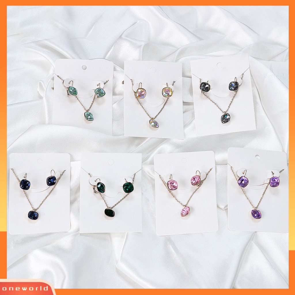 [ONE] 1set Wanita Anting Kristal Imitasi High Gloss Geometris Temperamen Menawan Dekorasi Cahaya Yang Indah Mewah Square Pendant Kalung Wanita Aksesori