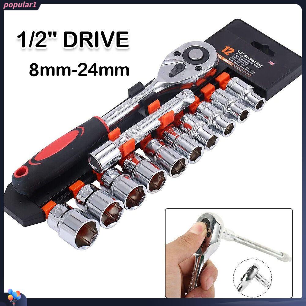 Populer 12Pcs 1per2 ''Socket Set Kualitas Tinggi Alat Listrik Hand Tools Kit Ratchet Wrench