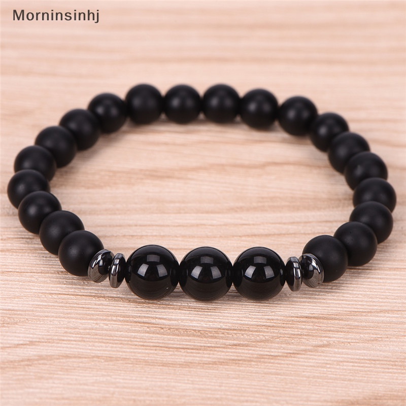 Mornin Fashion Mens Black Tourmaline Matte Agate Stone Protection Yoga Manik-Manik Stretch Gelang id