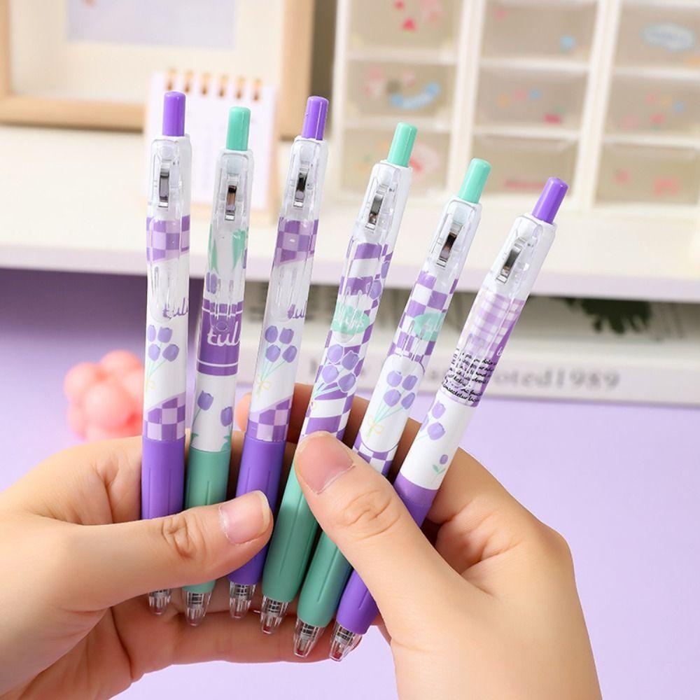 Nanas 6PCS /Set Pena Gel Kartun Mutil-styles Dengan Klip Alat Tulisan Tinta Hitam Tulip Signature Pen