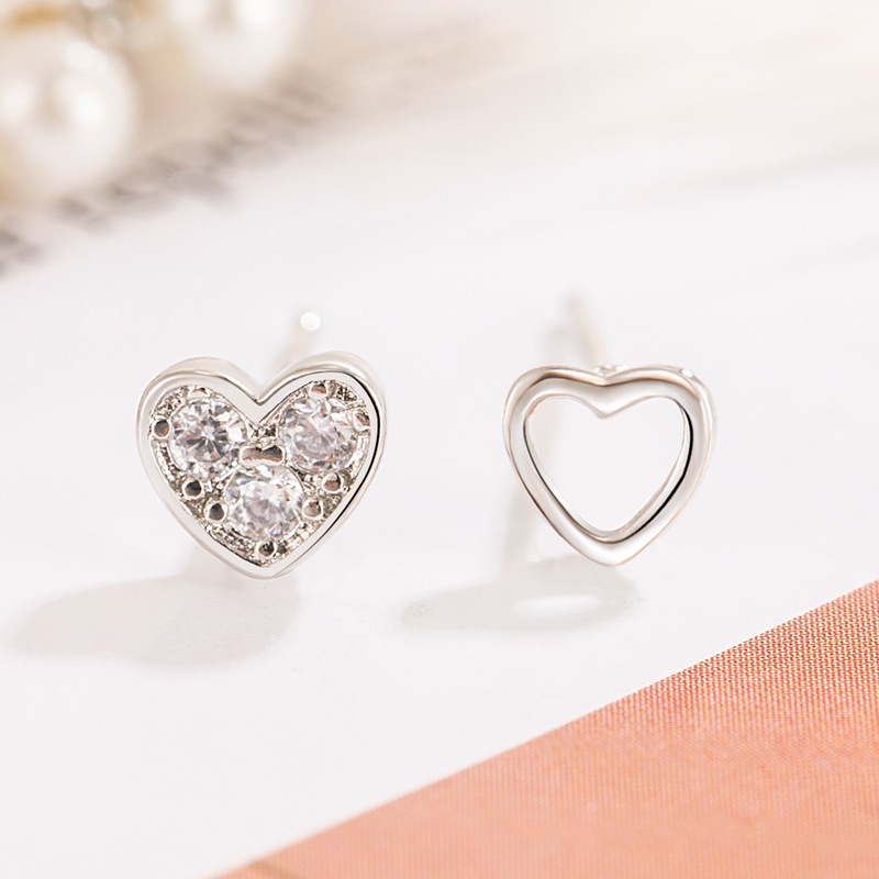 Anting Perak925 Love Heart Stud Earrings Mini Anting Sederhana Anting Asimetris Premium Aksesoris Wanita