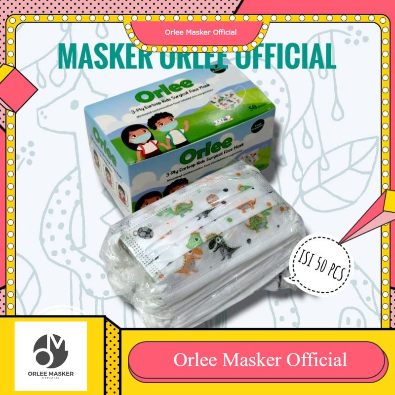 MASKER ORLEE ANAK MEDIS motif dinosaurus dan doraemon, + BONUS KEMENKES isi 50pcs