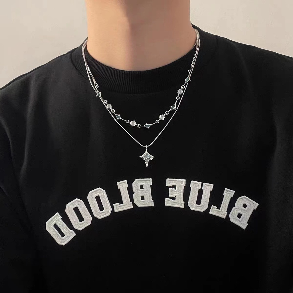 Blue Starmount Double Layer Necklace Aksesoris Gaya Hip Hop Kepribadian Rantai Klavikula