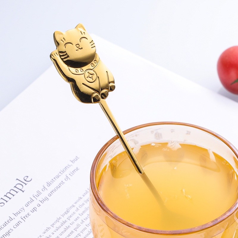 Spoon Luck Sendok Pengaduk Kopi Kucing, Alat Dapur 304 Stainless Steel Es Krim Makanan Penutup Kartun untuk Hadiah Peralatan Makan Hadiah