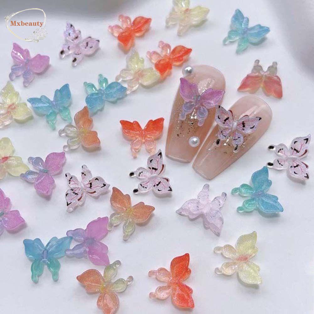 Mxbeauty Kupu-Kupu Dekorasi Kuku Wanita Resin Lampu UV Variabel Warna Acak Manikur Aksesoris Hiasan Kuku 3D Nail Art Drills