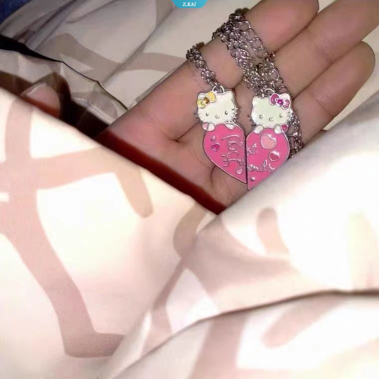 Sanrio Kawaii Kartun Anime Karakter Rose Pink Hellokittys Bagian Kiri Kanan Kalung Liontin in Sterling Silver Fashion Pesta Mewah Merancang Kalung Halus [ZK]