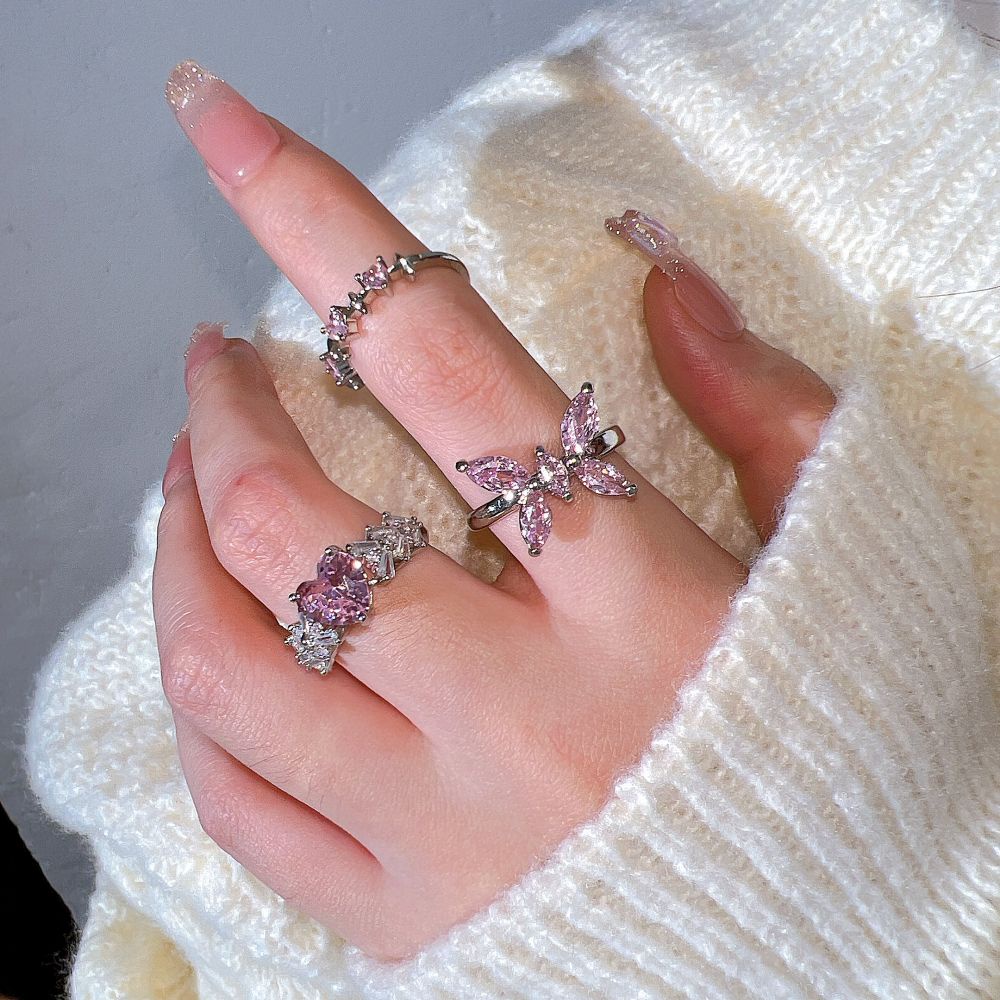 Fashion Adjustable Gemstone Heart Rings Cincin Jari Crtystal Pink Elegan Untuk Aksesoris Perhiasan Wanita Image 6