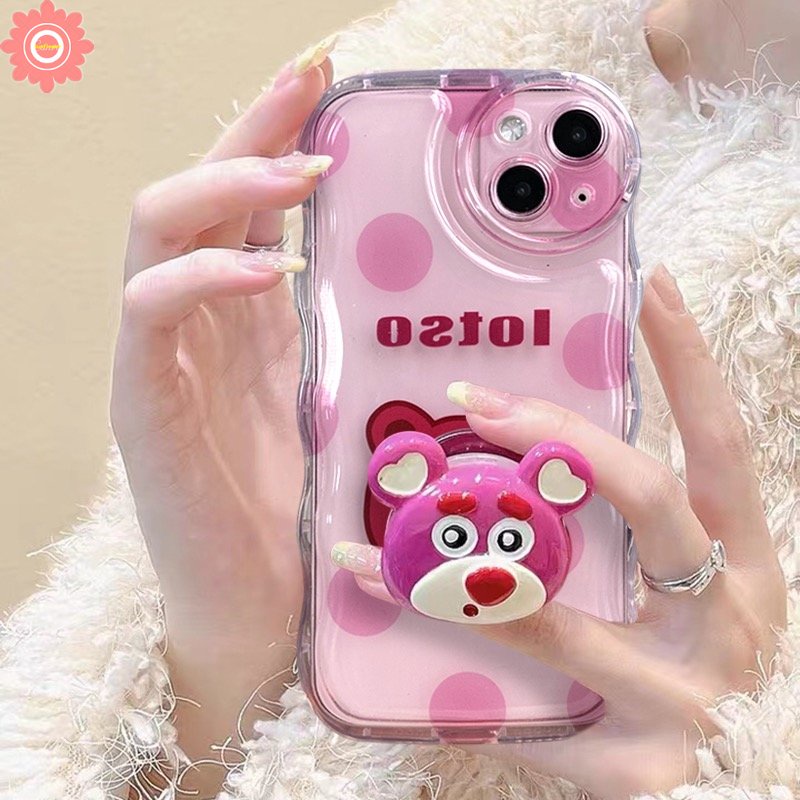 Stand Holder Case Untuk Realme C53 C55 C25Y C17 C20A 7i 5i 6i 9i 5 5s C33 C12 C21Y C15 C35 C3 C30 C21 C25s C11 C25 C20 C31 3D Wavy Curved Edge Wave Point Kartun Strawberry Bear Case