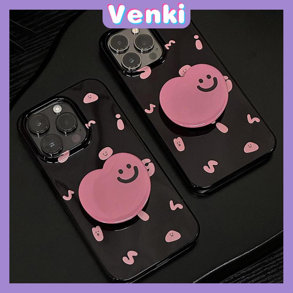 VENKI - Untuk iPhone 14 Pro Max iPhone Case Grip Berdiri Tersenyum Dudukan Lipat Hitam Glossy TPU Soft Case Huruf Merah Muda Kompatibel dengan iPhone 13 Pro max 12 Pro Max 11 xr xs max 7 8Plus