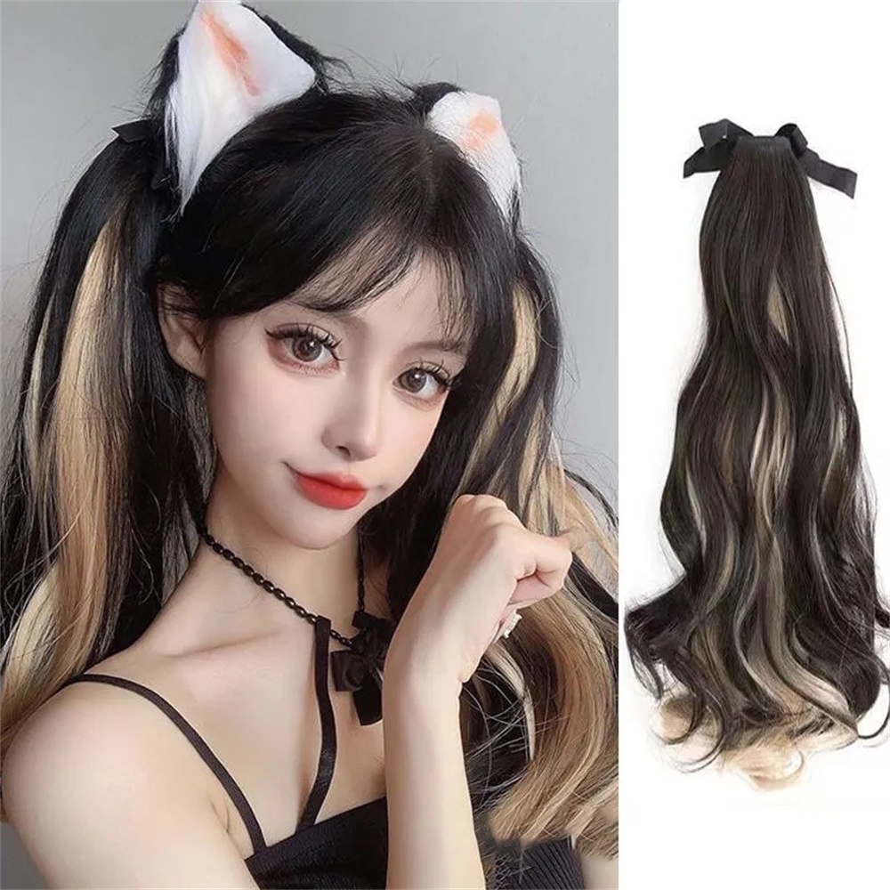 1pcs Y2k Gradient Haze Blue and Gold Rambut Panjang Bergelombang Ponytail Wig Untuk Wanita Aksesoris Rambut 50cm