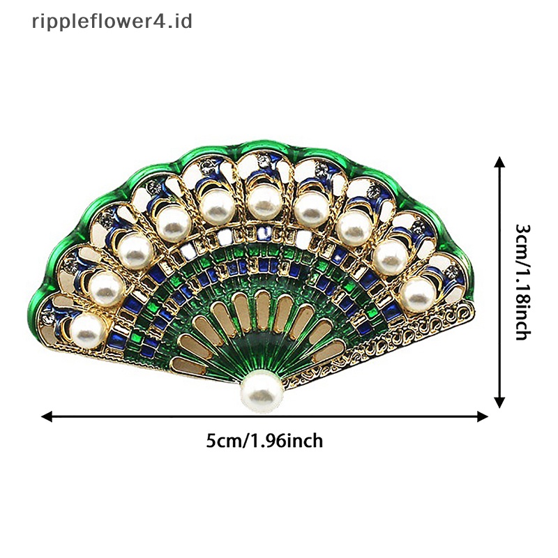 {rippleflower4.id} Fashion Vintage Menetes Minyak Enamel Kipas Bros Bertabur Berlian Mutiara Bros Pin Korsase Antik Pakaian Perhiasan Syal Gesper~