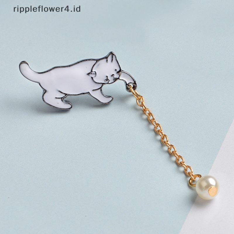 {rippleflower4.id} Enamel Lucu Mutiara Kucing Bros Pin Baju Kerah Pin Breastpin Wanita Perhiasan Hadiah~