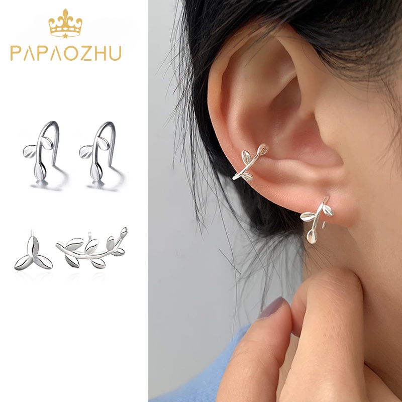 Papaozhu Stylish S925 Silver Leaf Hook Earrings Untuk Wanita Perempuan Temperamen Anti Alergi Cuff Earring All-match Aksesoris Telinga Pakaian Sehari-Hari