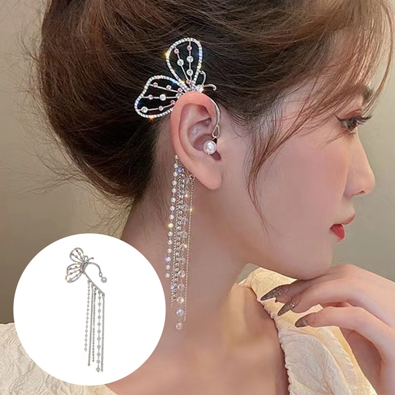 Fashion Kristal Kupu-Kupu Klip On Anting Mutiara Manik Telinga Manset Jumbai Panjang Pesona Berongga Anting Untuk Wanita Klip Perhiasan Hadiah