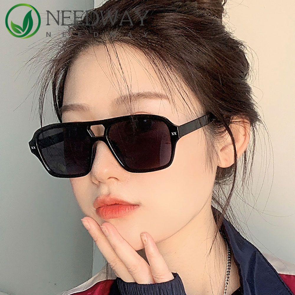 Needway   Kacamata Hitam Persegi Kepribadian Keren Double Beam Korea Pria Vintage Wanita Kacamata