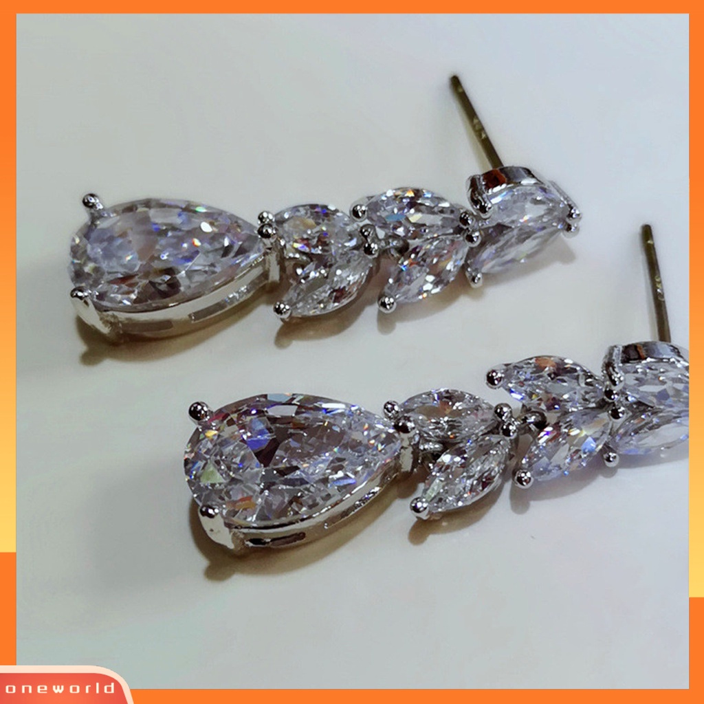 [WOD] 1pasang Anting Menjuntai Bentuk Daun Berlian Imitasi Perhiasan Halus Cubic Zirconia Stud Earrings Untuk Pernikahan