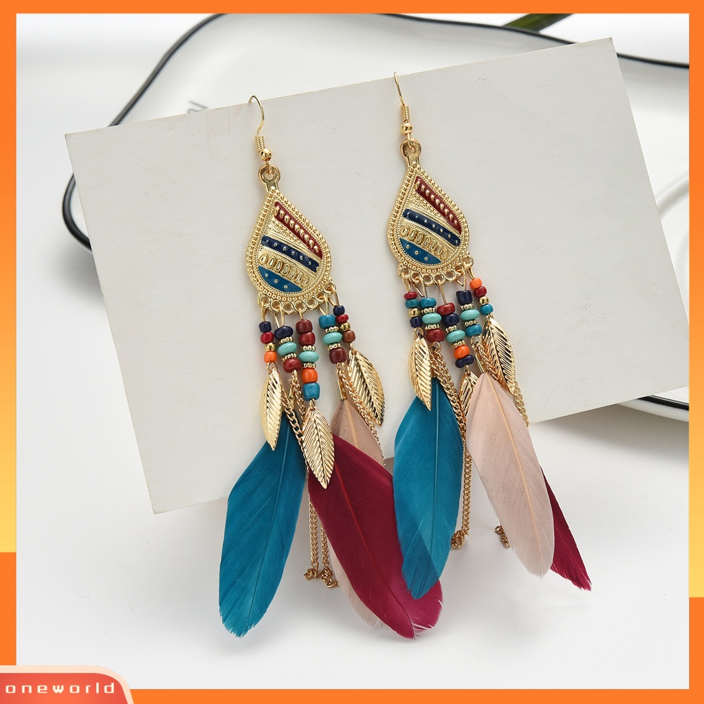 [WOD] 1pasang Manik-Manik Multicolor Retro Drop Earrings Bohemian Panjang Bulu Kait Anting Perhiasan Pesta