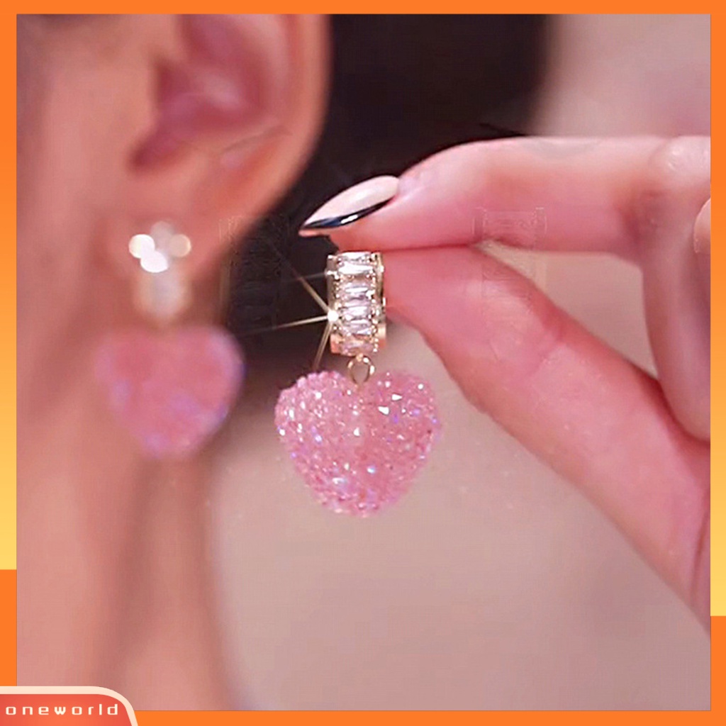 [WOD] 1pasang Anting Menjuntai Shiny Cubic Zirconia Sweet Geometric Anti Luntur Hias Hadiah Ulang Tahun Wanita Pink Fudge Cinta Liontin Stud Earrings Perhiasan Untuk Pacaran