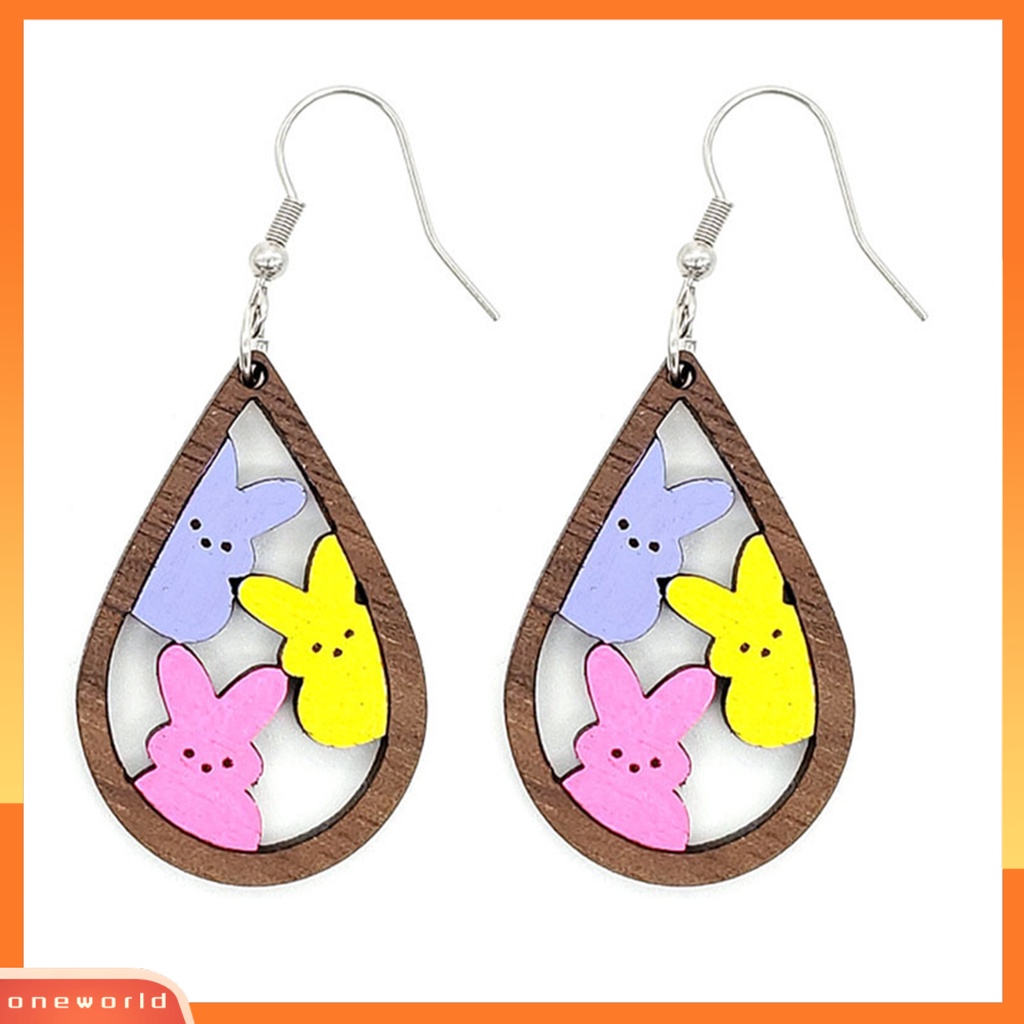 [WOD] 1pasang Anting Kait Tetesan Air Berbentuk Hollow Kayu Hadiah Fashion Perhiasan Warna-Warni Kelinci Rabbit Menjuntai Anting Untuk Paskah