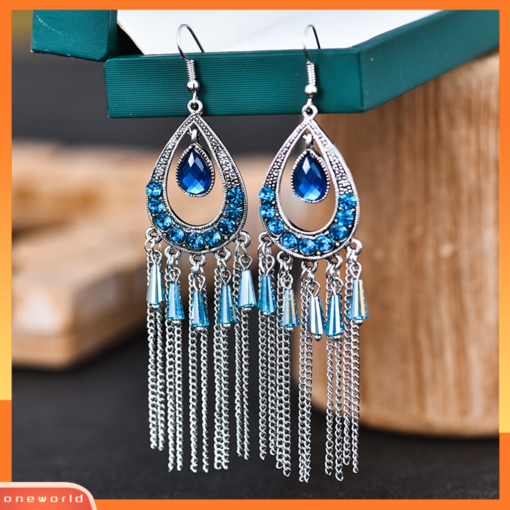 [WOD] 1pasang Anting Lady Bentuk Tetesan Air Rumbai Berlian Imitasi Vintage Drop Earrings Untuk Pakaian Sehari-Hari