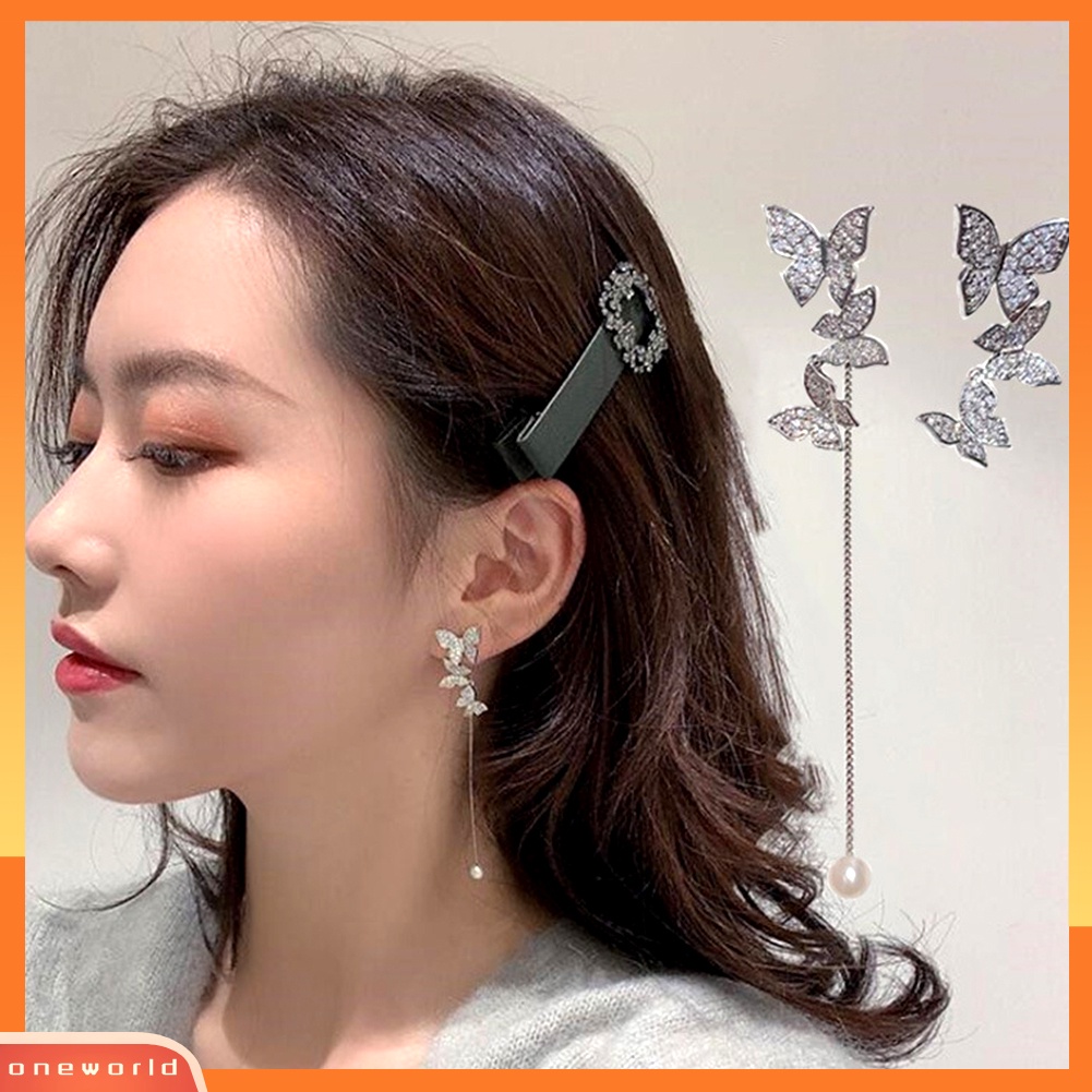 [WOD] Fashion Wanita 3-Butterfly Berlian Imitasi Asimetris Menjuntai Stud Earrings Jewelry