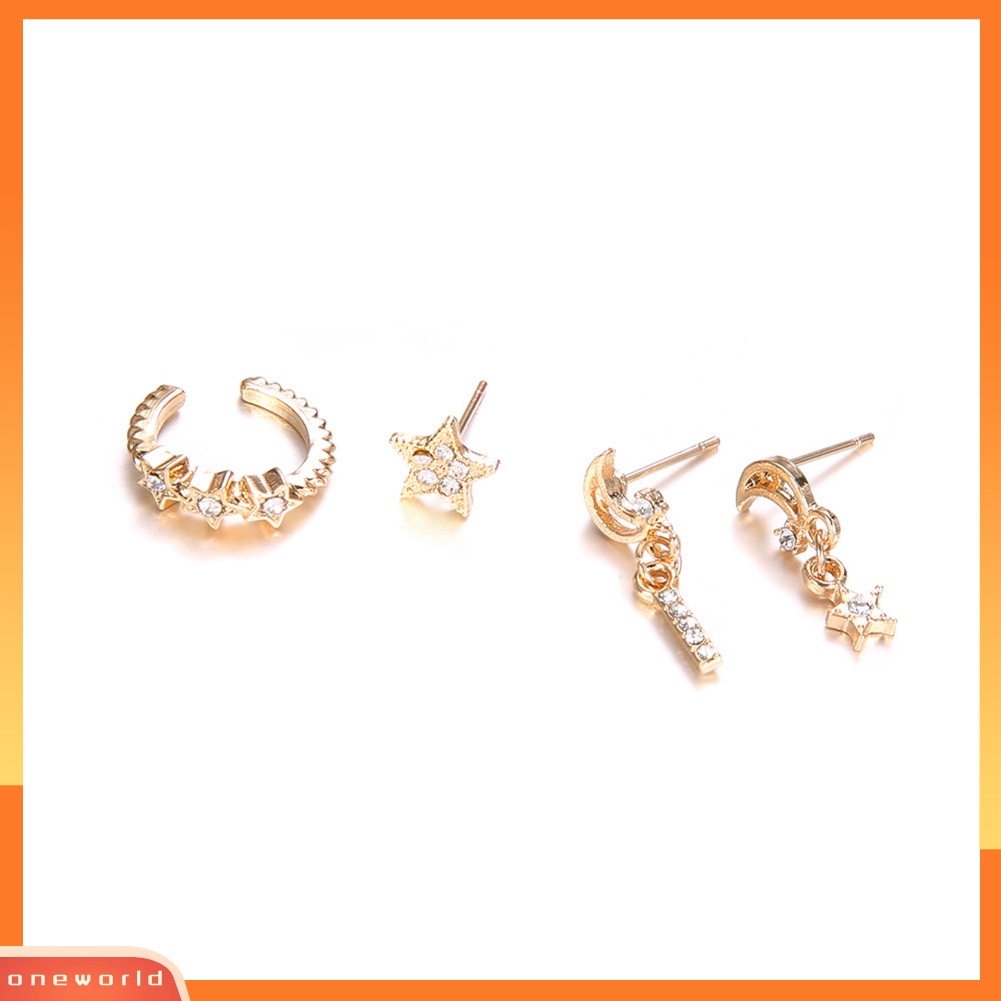 [WOD] 4pcs/set Bohemian Berongga Bulan Bintang Persegi Panjang Pesona Berlian Imitasi Telinga Stud Earrings