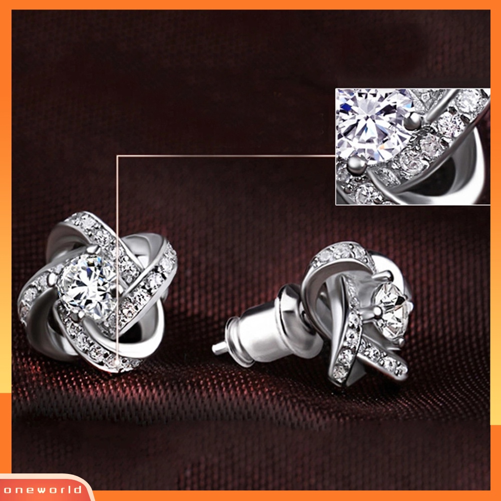 [WOD] Fashion Perhiasan Wanita Perak Disepuh Telinga Stud Cubic Zirconia Berlian Imitasi Anting