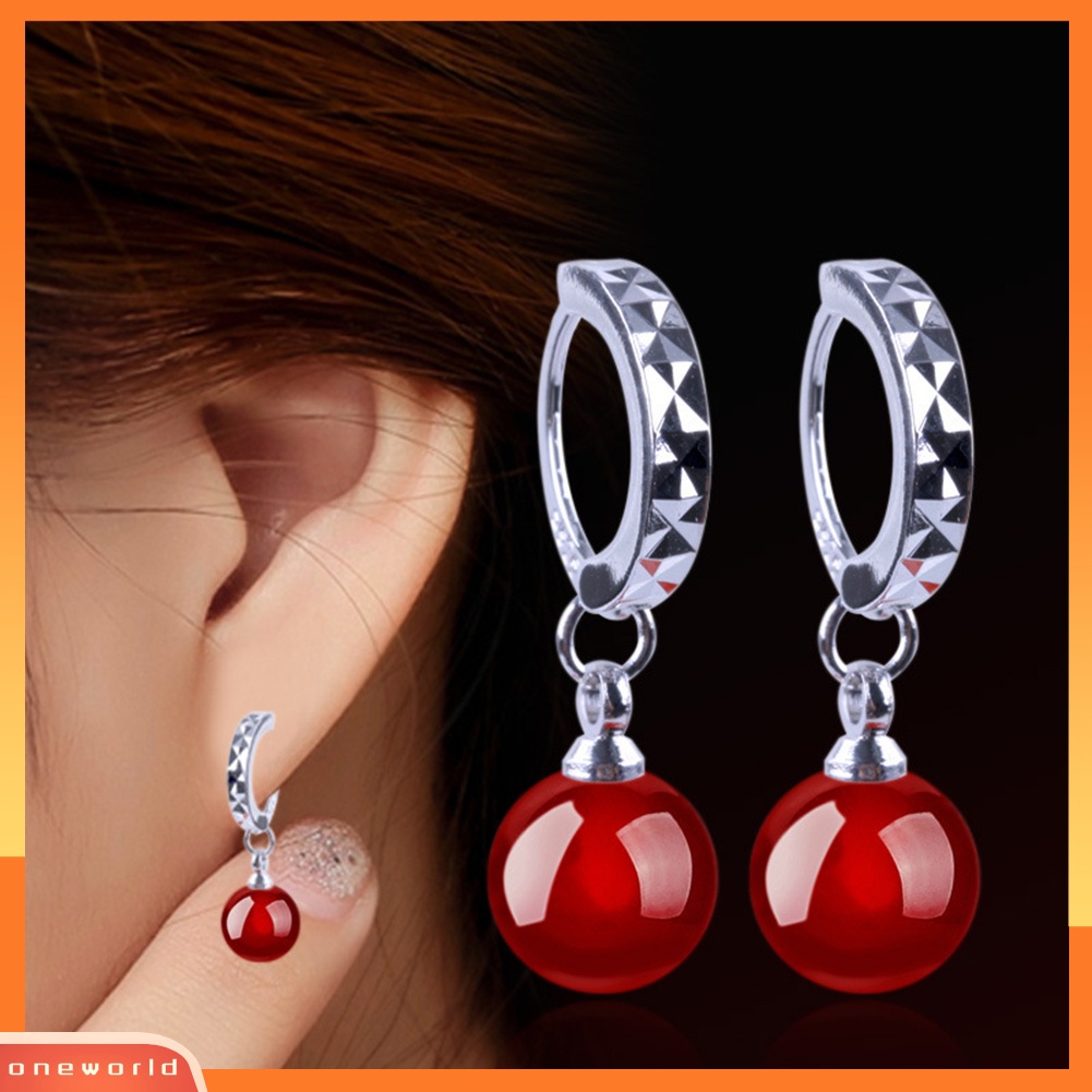 [WOD] Fashion Wanita Bulat Faux Agate Bead Menjuntai Drop Huggie Earrings Perhiasan Hadiah