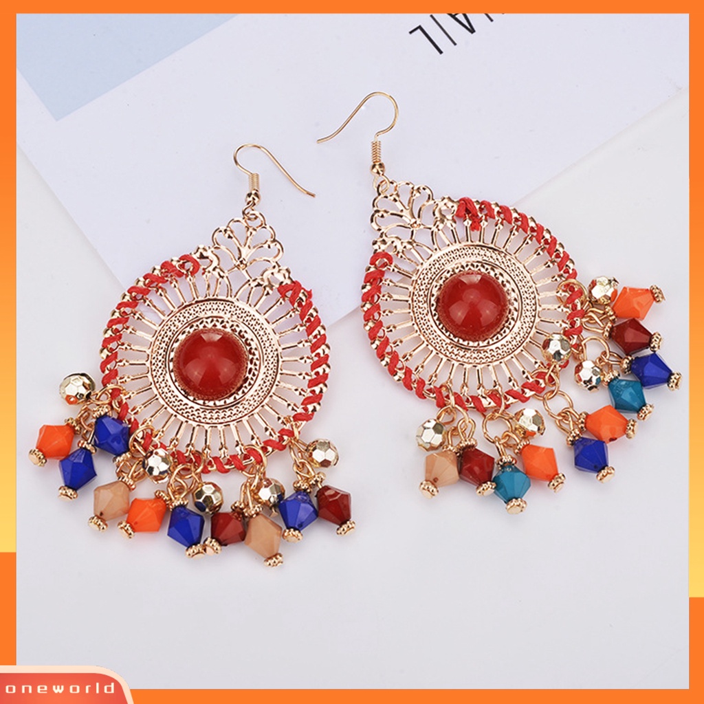 [WOD] 1pasang Wanita Anting Kait Warna-Warni Etnik Anti-Cacat Gaya Bohemia Rumbai Drop Earrings Perhiasan Wanita