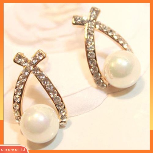 [WOD] Wanita Mutiara Imitasi Ear Studs Earrings Cross Berlian Imitasi Hadiah Perhiasan Pernikahan