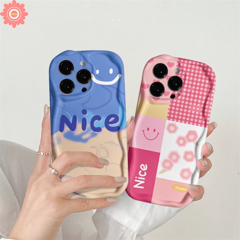 Case Pola Sambungan Bunga Kisi Smiley Lucu Kompatibel Untuk IPhone 7Plus 11xr 14 13 12 Pro Max X7 6s 6 8 Plus XS Max SE 2020lembut Tpu 3D Wavy Curved Edge Glossy Cover