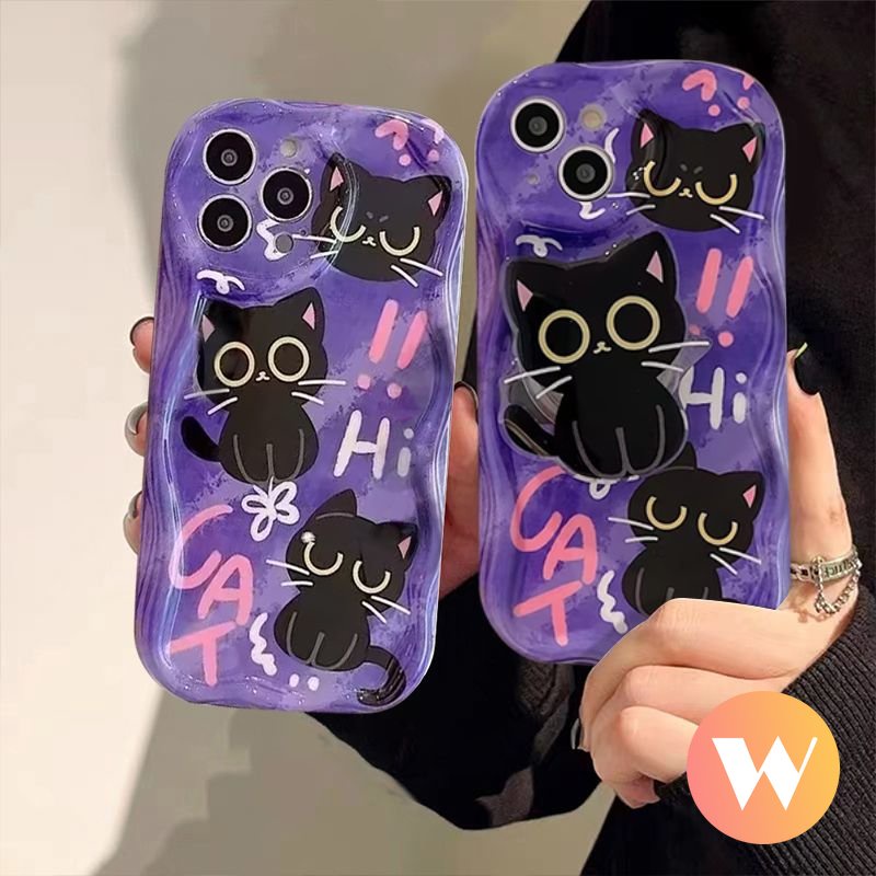 IPHONE Casing Tepi Melengkung Bergelombang 3D Kompatibel Untuk Iphone13 11 12 14 Pro Max7 8 6 6s Plus X XS Max SE 2020xr Lovely Kartun Kucing Lucu Dengan Ponsel Hloder Stand Bracket Soft Case Cover